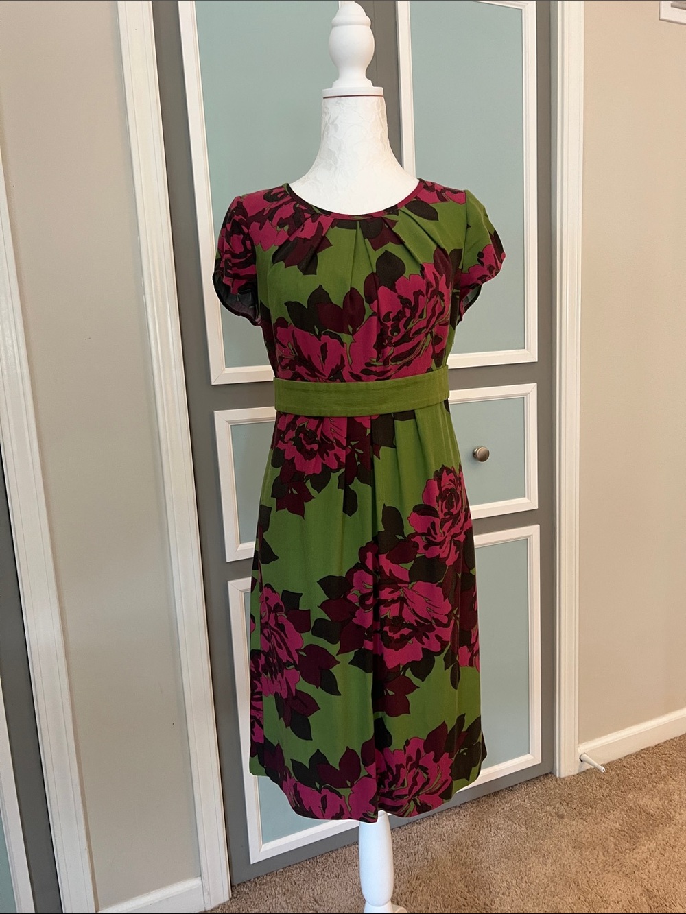 Boden Pleated Green Pink Cottage Floral Sheath Dress 4
